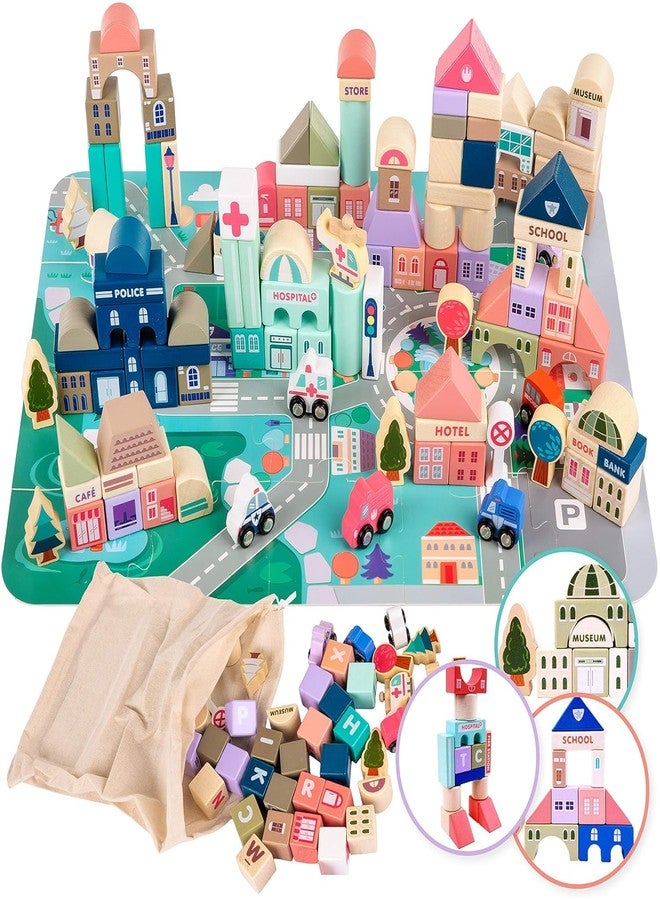 DIMAZO 115 Pcs Wooden Building Blocks Toy Set for Kids, City Construction Stacker Stacking Preschool Learning Educational Toys Gifts for 3+ Boy Girl Toddler (115 Pieces Wooden City Blocks) - Image 3